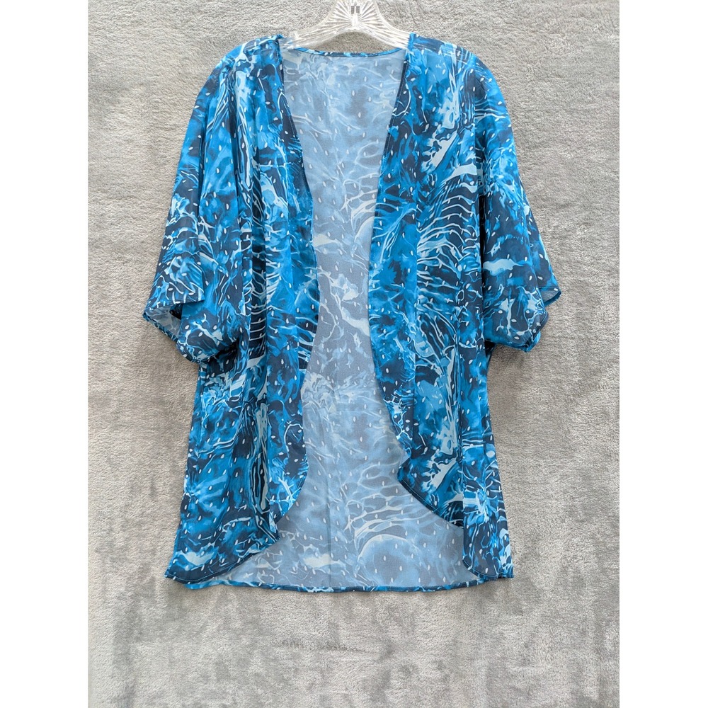 Boho Kimono Cardigan Women Large Blue Abstract Print Sheer Open Front Layering